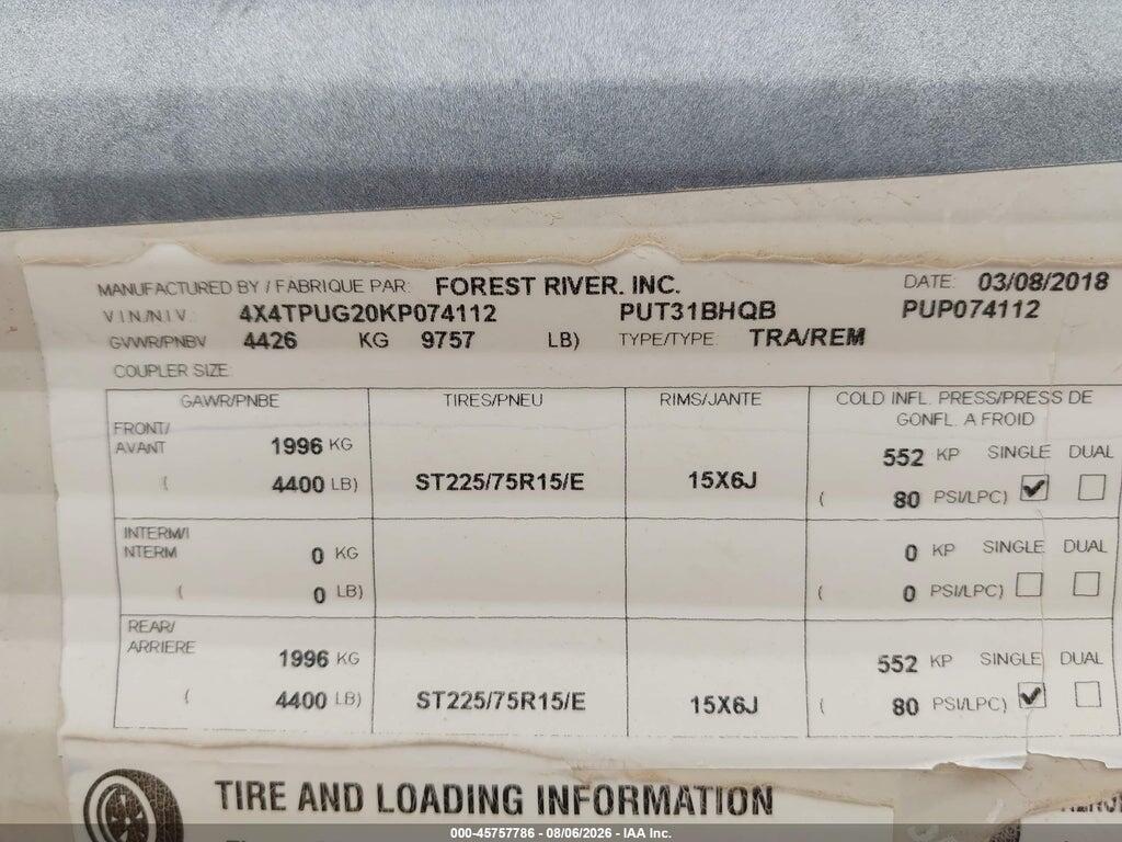 4X4TPUG20KP074112 2019 FOREST RIVER PUMA 31BHQB photo no. 9