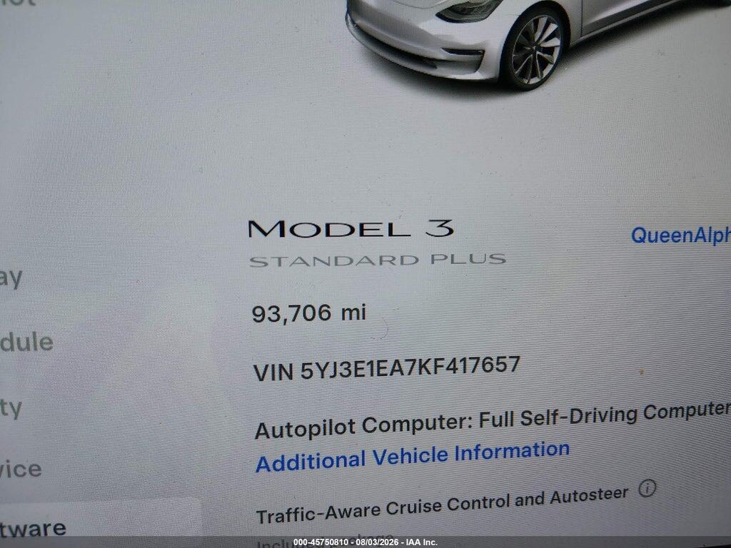 5YJ3E1EA7KF417657 2019 TESLA MODEL 3 photo no. 7