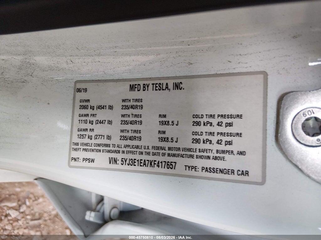 5YJ3E1EA7KF417657 2019 TESLA MODEL 3 photo no. 9