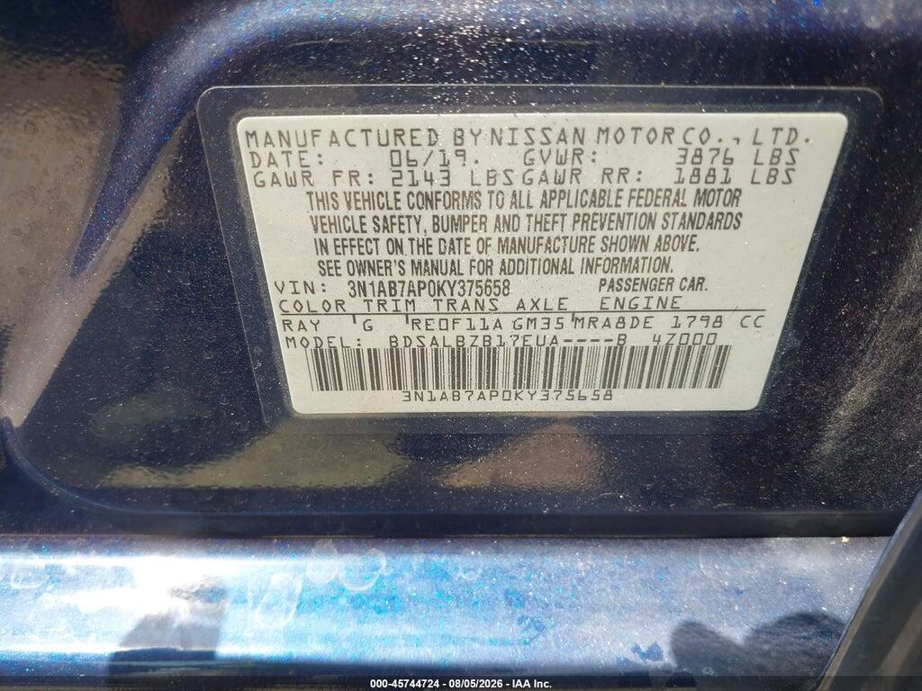 3N1AB7AP0KY375658 2019 NISSAN SENTRA photo no. 9