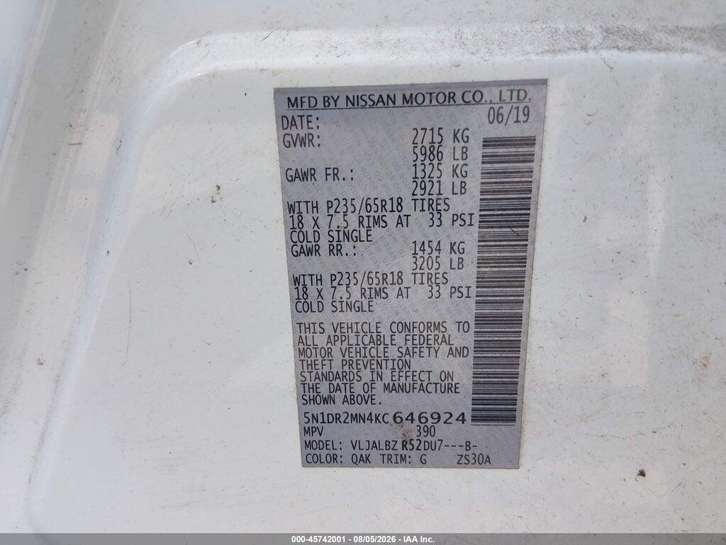 5N1DR2MN4KC646924 2019 NISSAN PATHFINDER photo no. 9