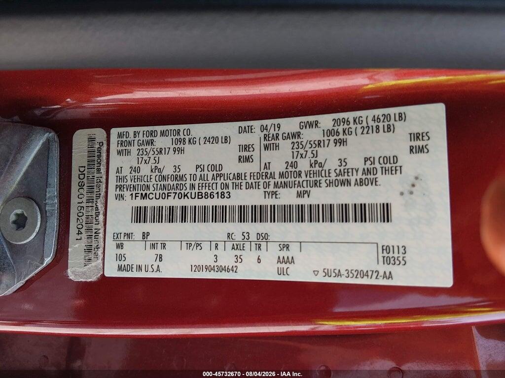 1FMCU0F70KUB86183 2019 FORD ESCAPE photo no. 9