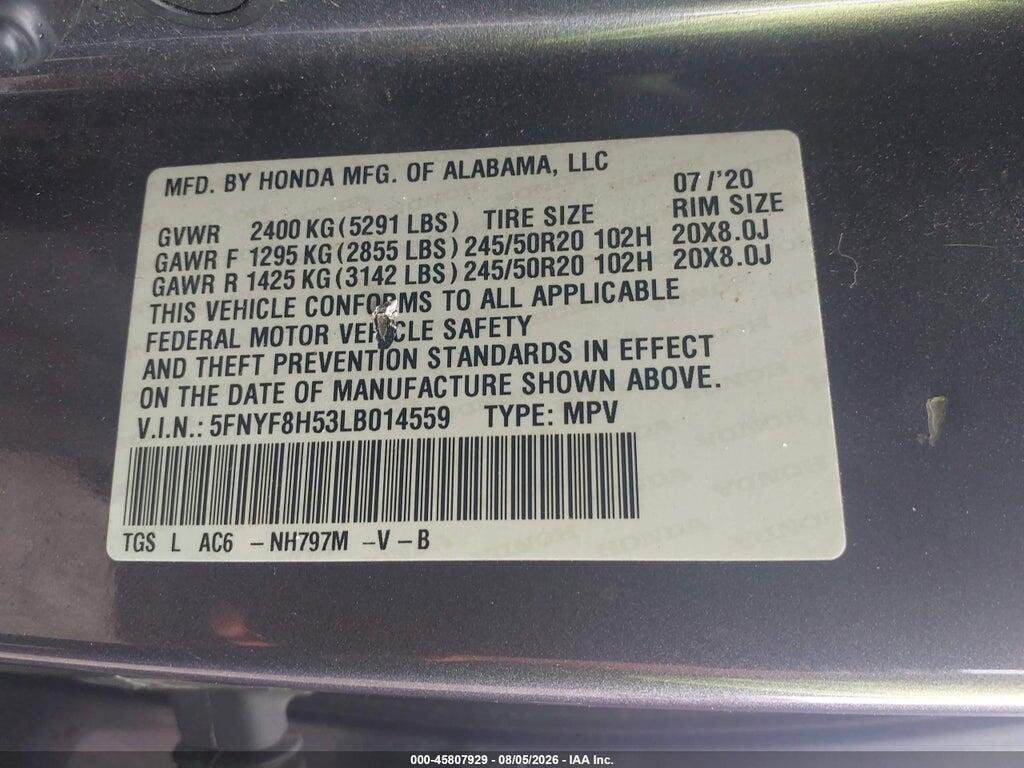 5FNYF8H53LB014559 2020 HONDA PASSPORT photo no. 9
