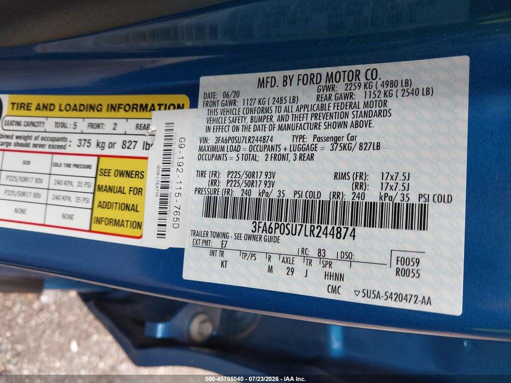 3FA6P0SU7LR244874 2020 FORD FUSION photo no. 9