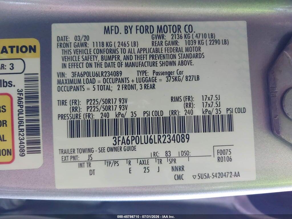 3FA6P0LU6LR234089 2020 FORD FUSION photo no. 9