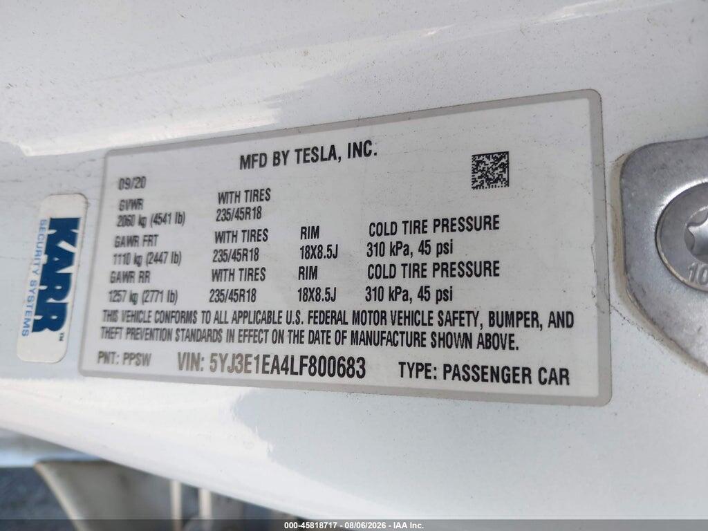 5YJ3E1EA4LF800683 2020 TESLA MODEL 3 photo no. 9
