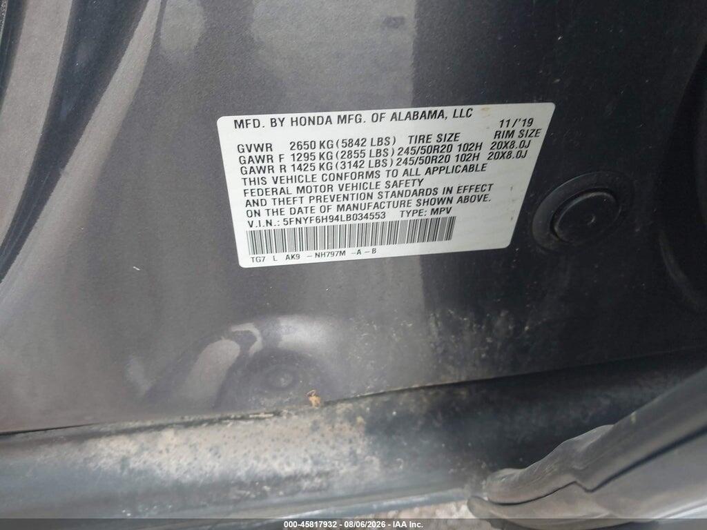 5FNYF6H94LB034553 2020 HONDA PILOT photo no. 9