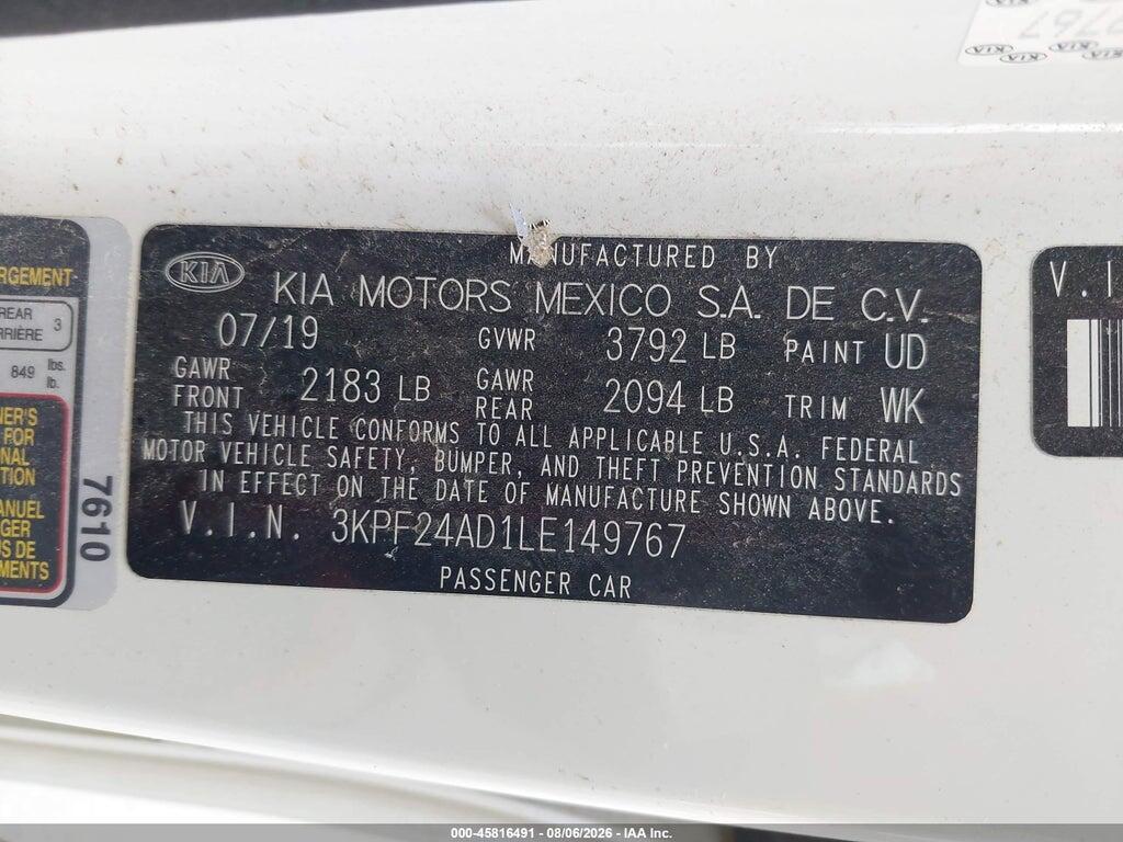 3KPF24AD1LE149767 2020 KIA FORTE photo no. 9