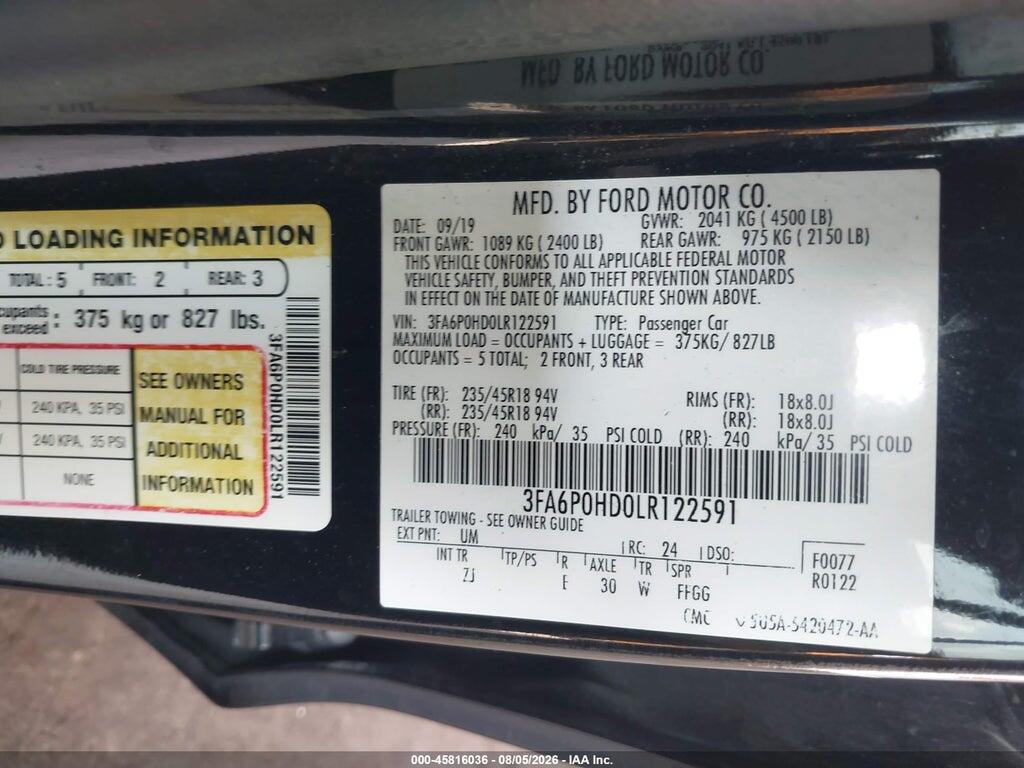 3FA6P0HD0LR122591 2020 FORD FUSION photo no. 9