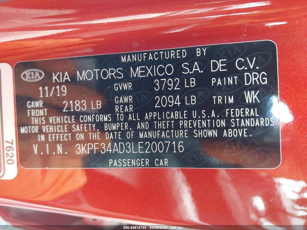 3KPF34AD3LE200716 2020 KIA FORTE photo no. 9