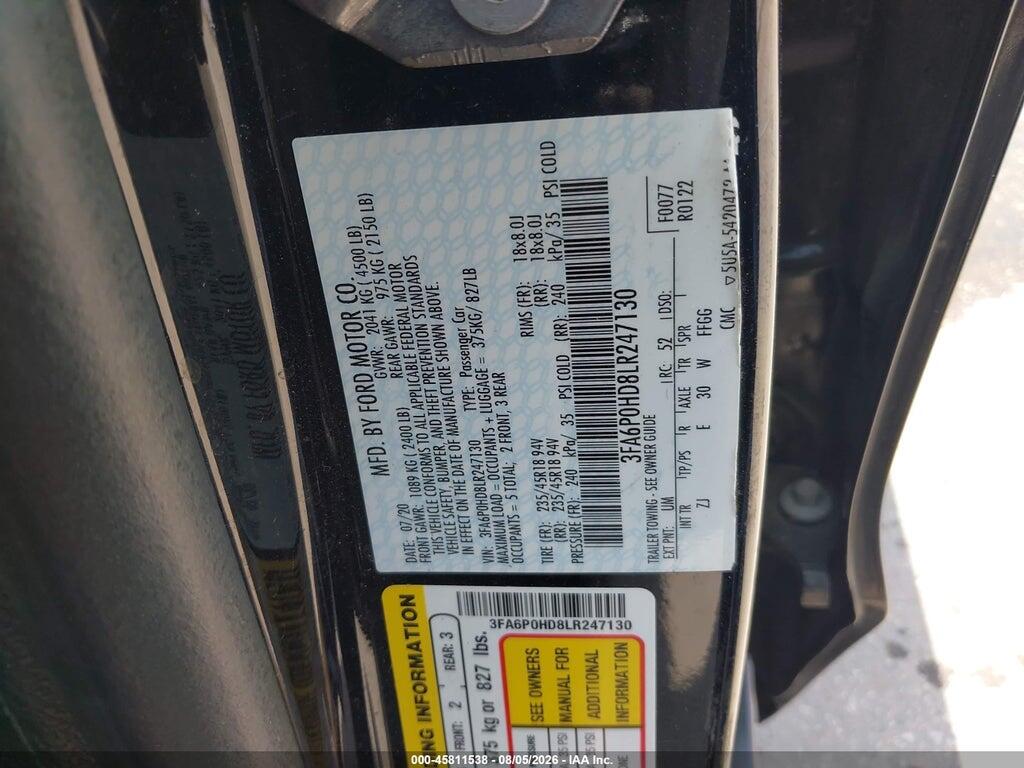 3FA6P0HD8LR247130 2020 FORD FUSION photo no. 9