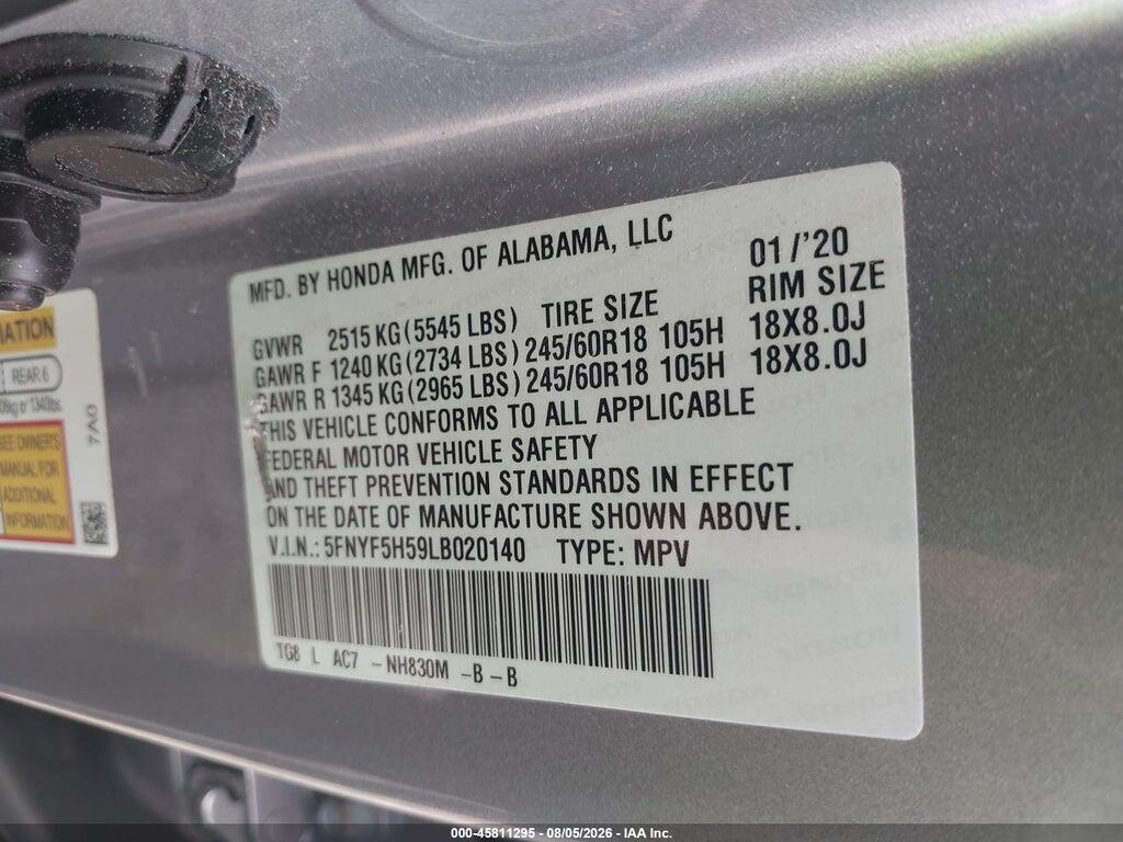 5FNYF5H59LB020140 2020 HONDA PILOT photo no. 9