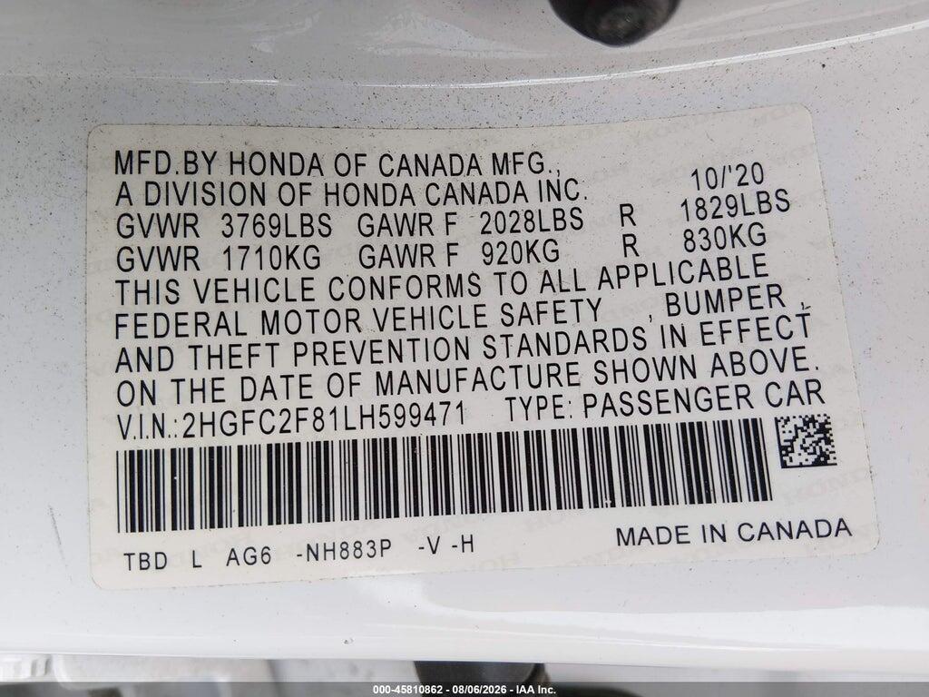 2HGFC2F81LH599471 2020 HONDA CIVIC photo no. 9