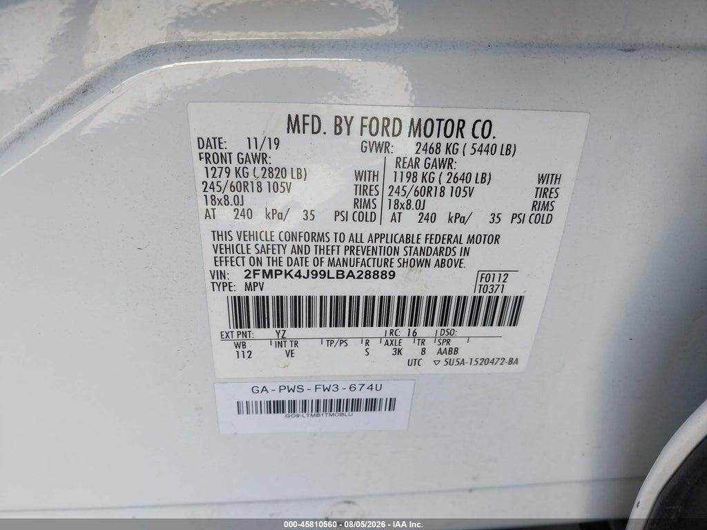 2FMPK4J99LBA28889 2020 FORD EDGE photo no. 9