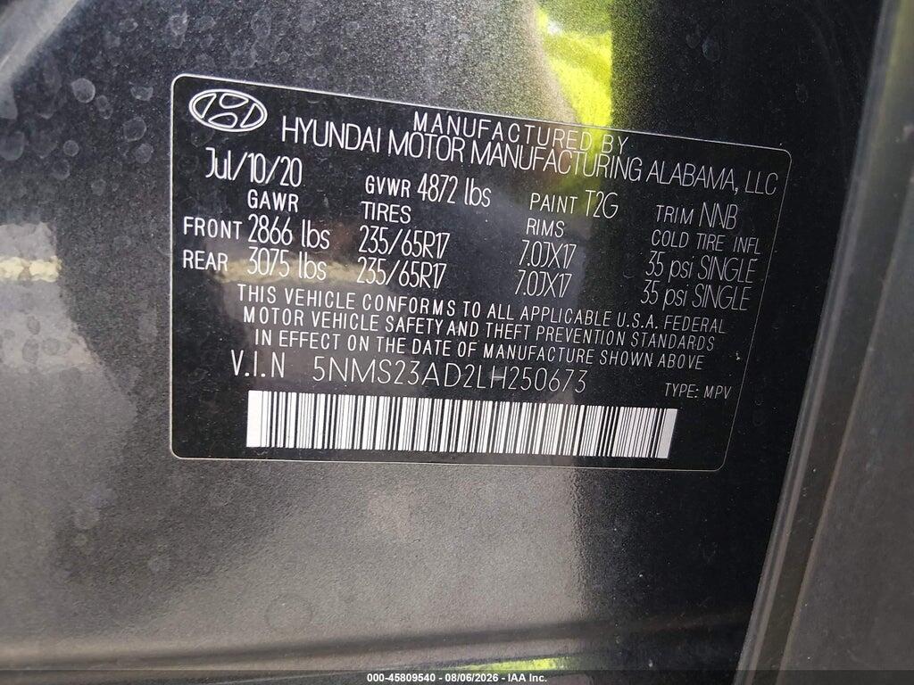 5NMS23AD2LH250673 2020 HYUNDAI SANTA FE photo no. 9