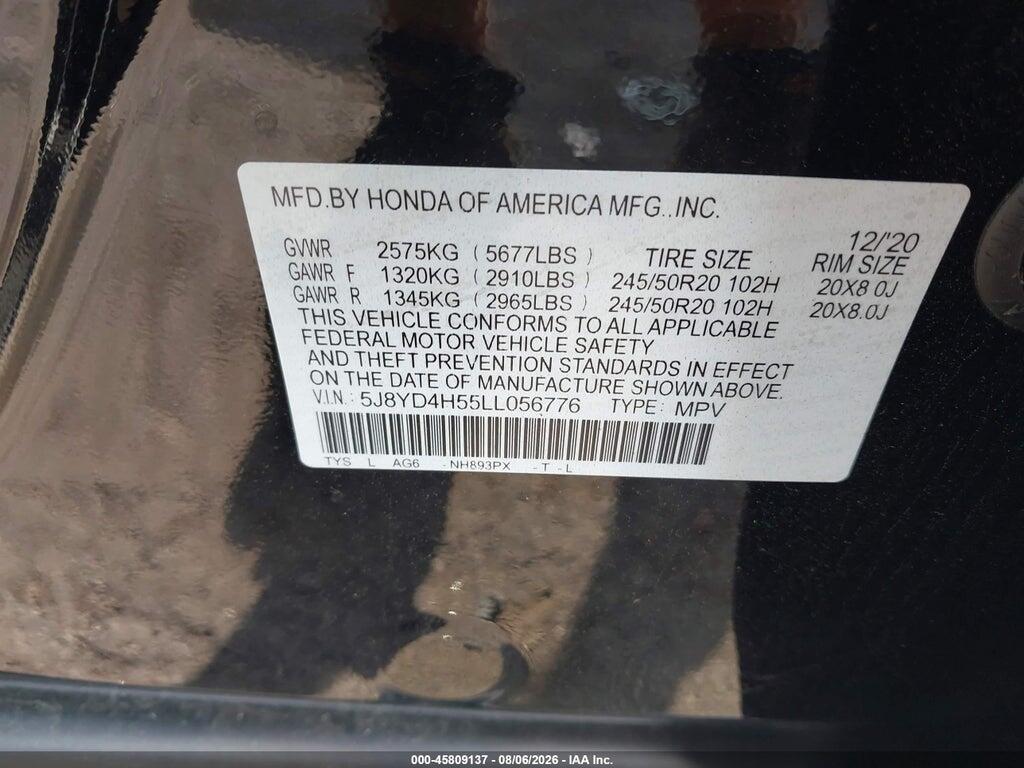 5J8YD4H55LL056776 2020 ACURA MDX photo no. 9