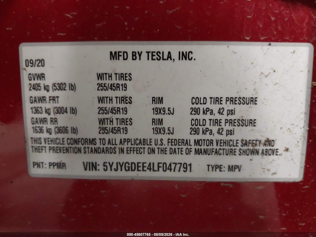 5YJYGDEE4LF047791 2020 TESLA MODEL Y photo no. 9