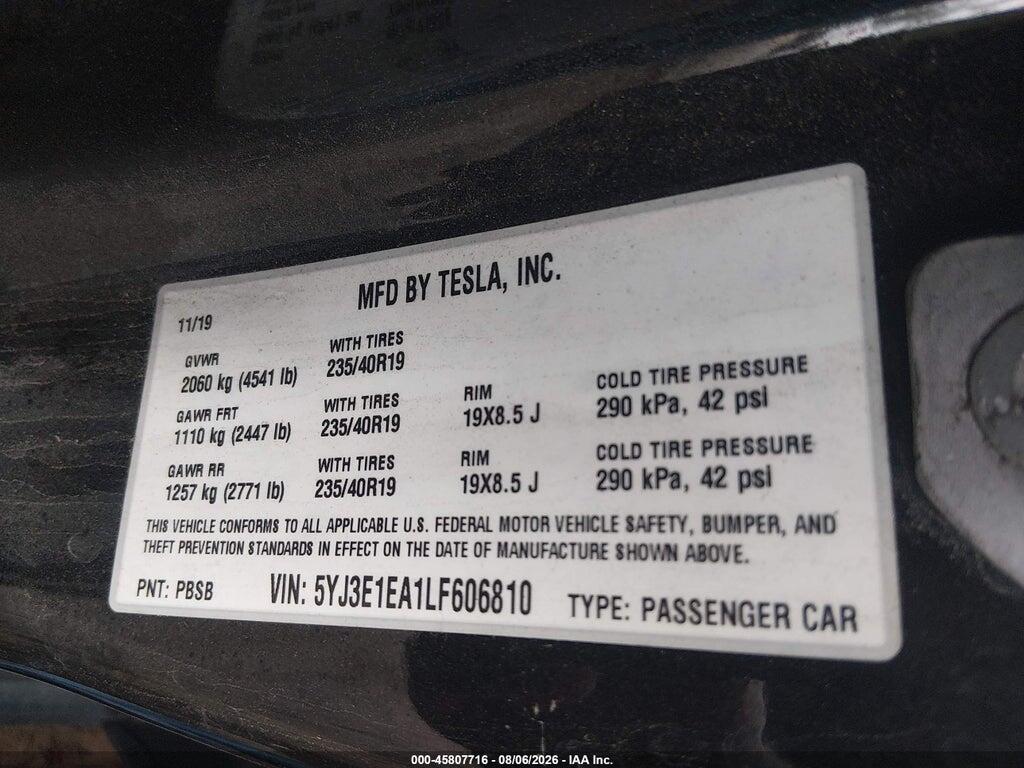 5YJ3E1EA1LF606810 2020 TESLA MODEL 3 photo no. 9