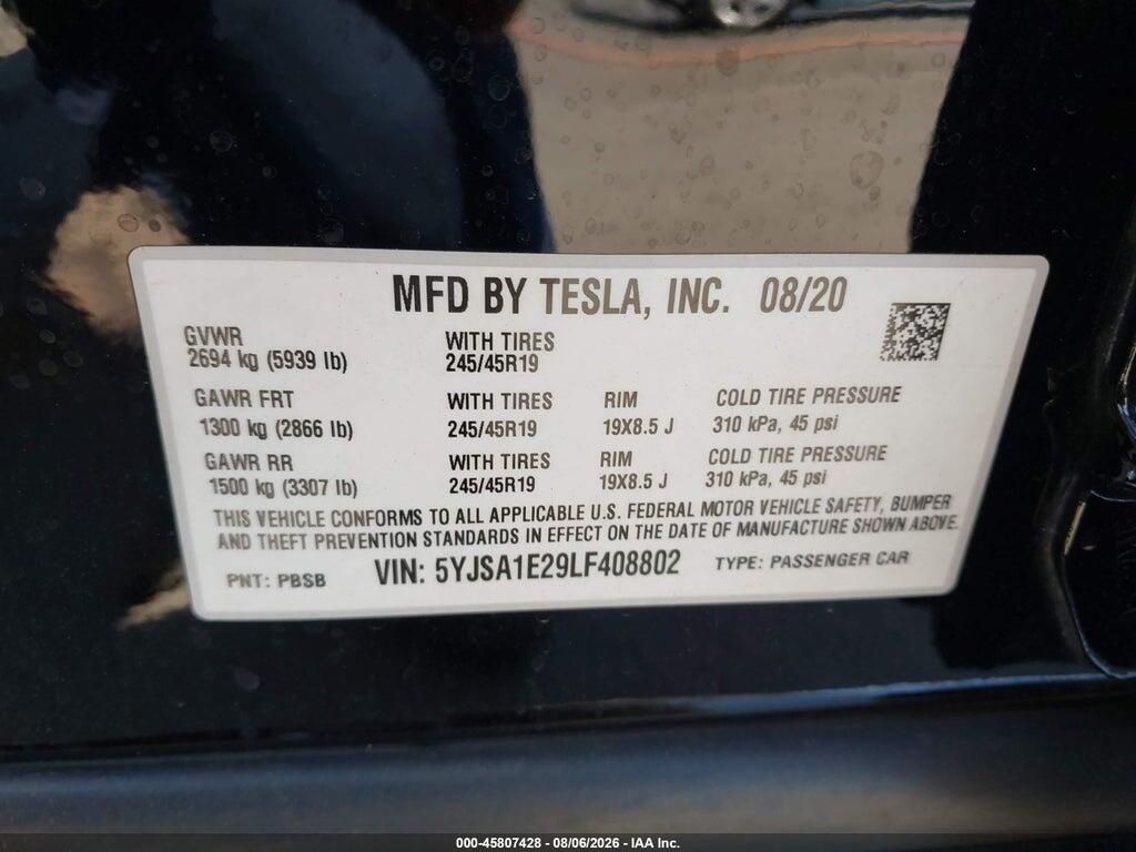 5YJSA1E29LF408802 2020 TESLA MODEL S photo no. 9