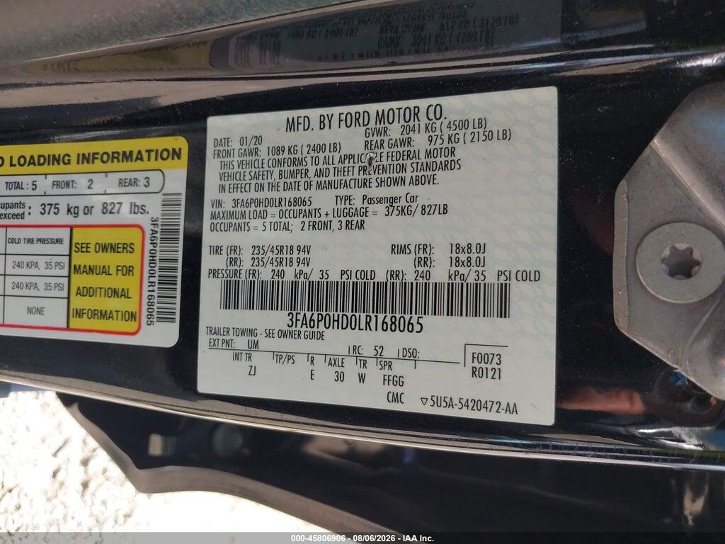 3FA6P0HD0LR168065 2020 FORD FUSION photo no. 9