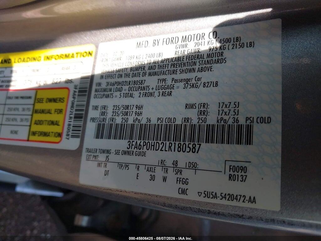 3FA6P0HD2LR180587 2020 FORD FUSION photo no. 9