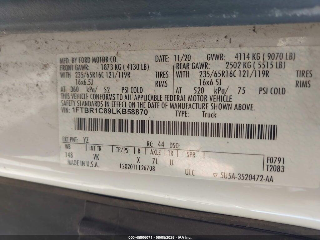 1FTBR1C89LKB58870 2020 FORD TRANSIT-250 photo no. 9