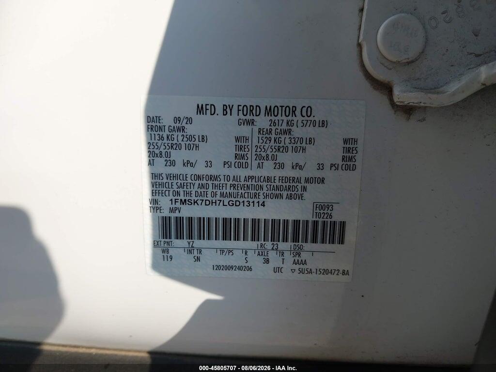 1FMSK7DH7LGD13114 2020 FORD EXPLORER photo no. 9