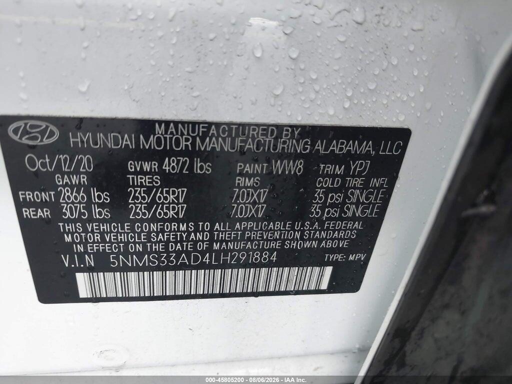 5NMS33AD4LH291884 2020 HYUNDAI SANTA FE photo no. 9