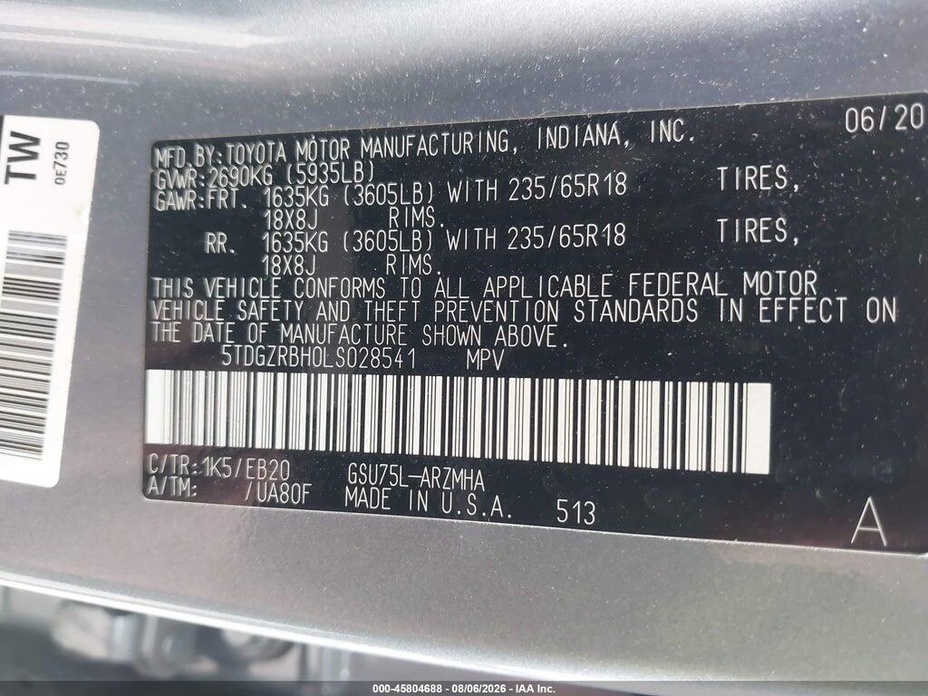5TDGZRBH0LS028541 2020 TOYOTA HIGHLANDER photo no. 9