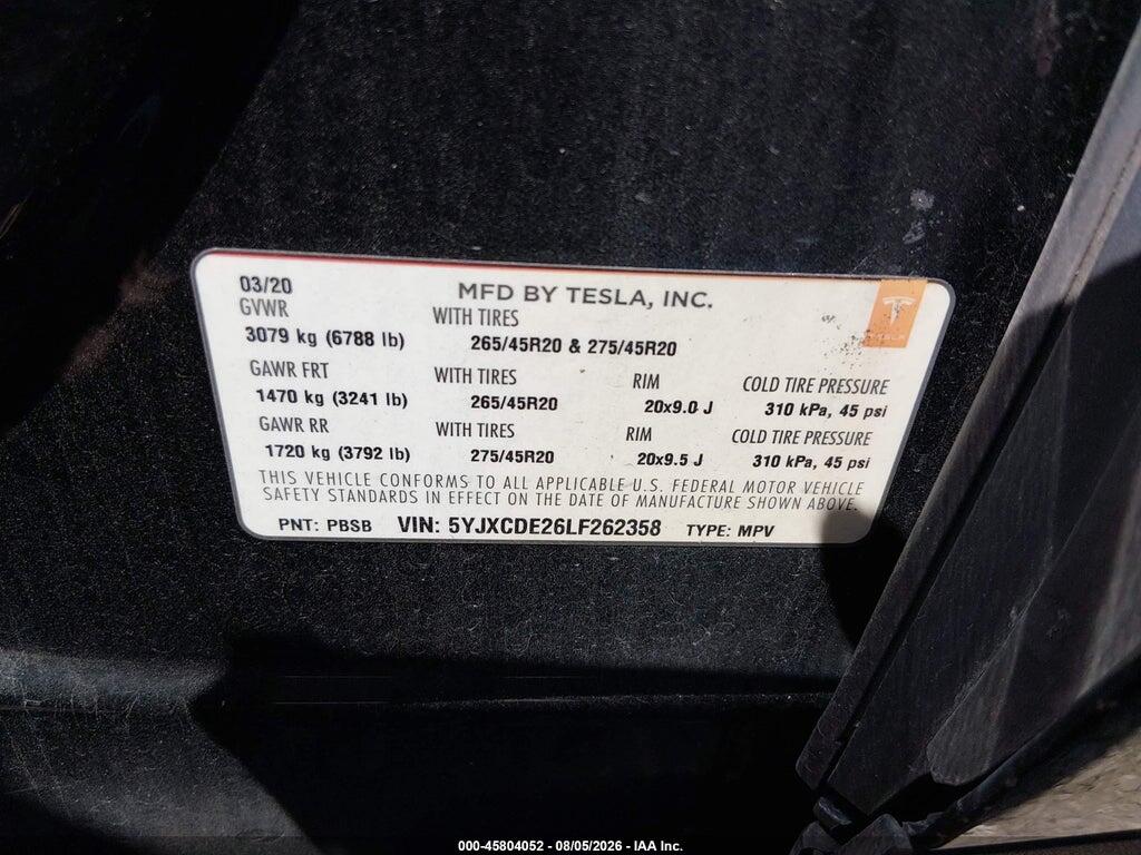 5YJXCDE26LF262358 2020 TESLA MODEL X photo no. 9