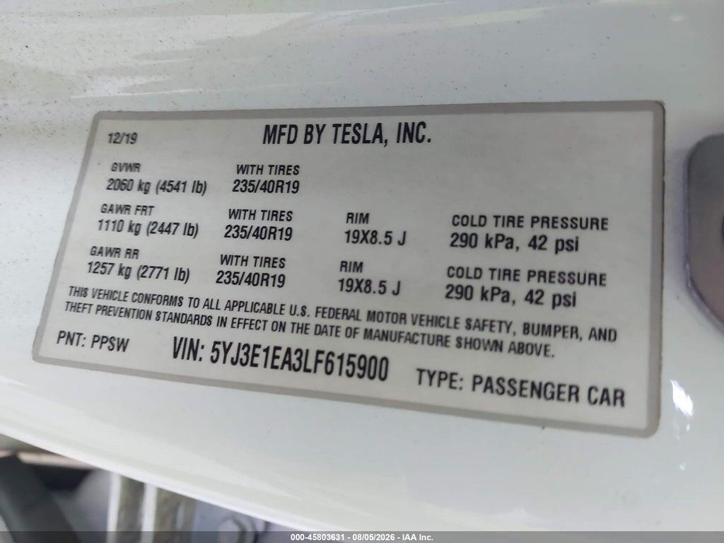5YJ3E1EA3LF615900 2020 TESLA MODEL 3 photo no. 9