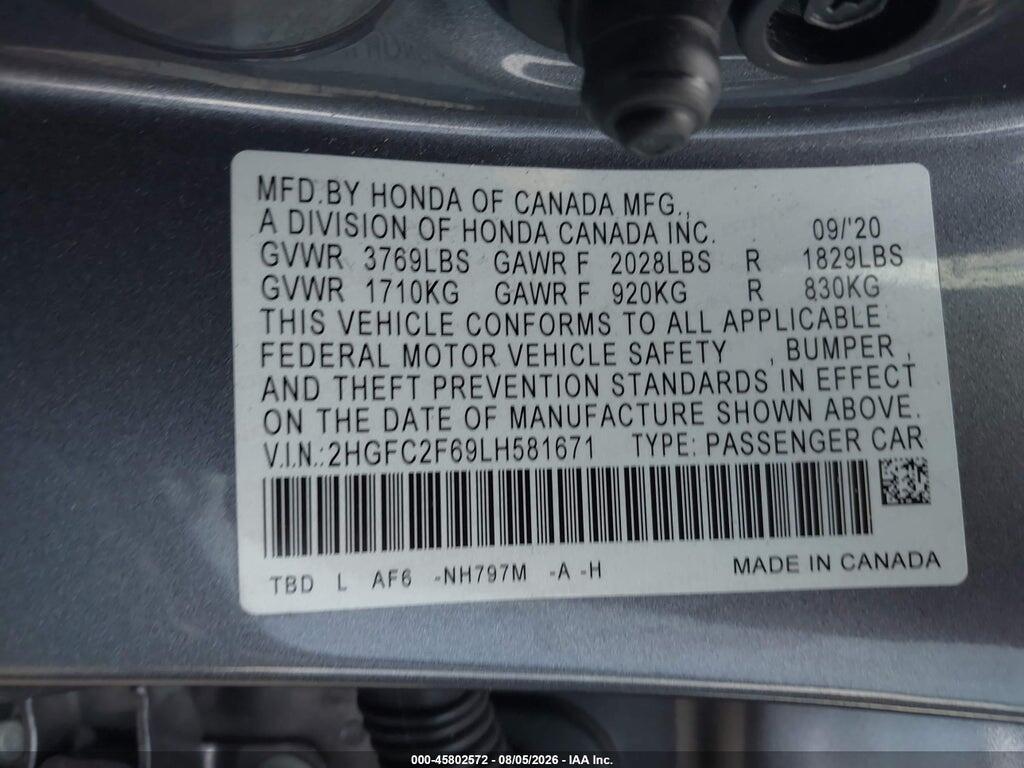 2HGFC2F69LH581671 2020 HONDA CIVIC photo no. 9