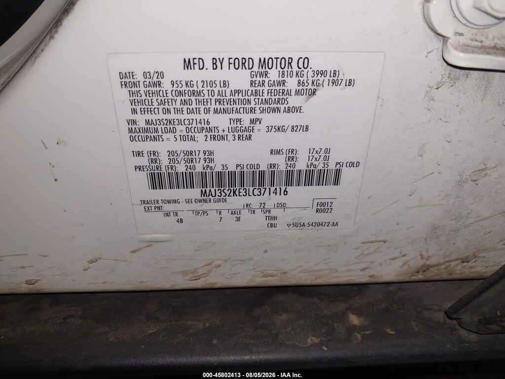 MAJ3S2KE3LC371416 2020 FORD ECOSPORT photo no. 9