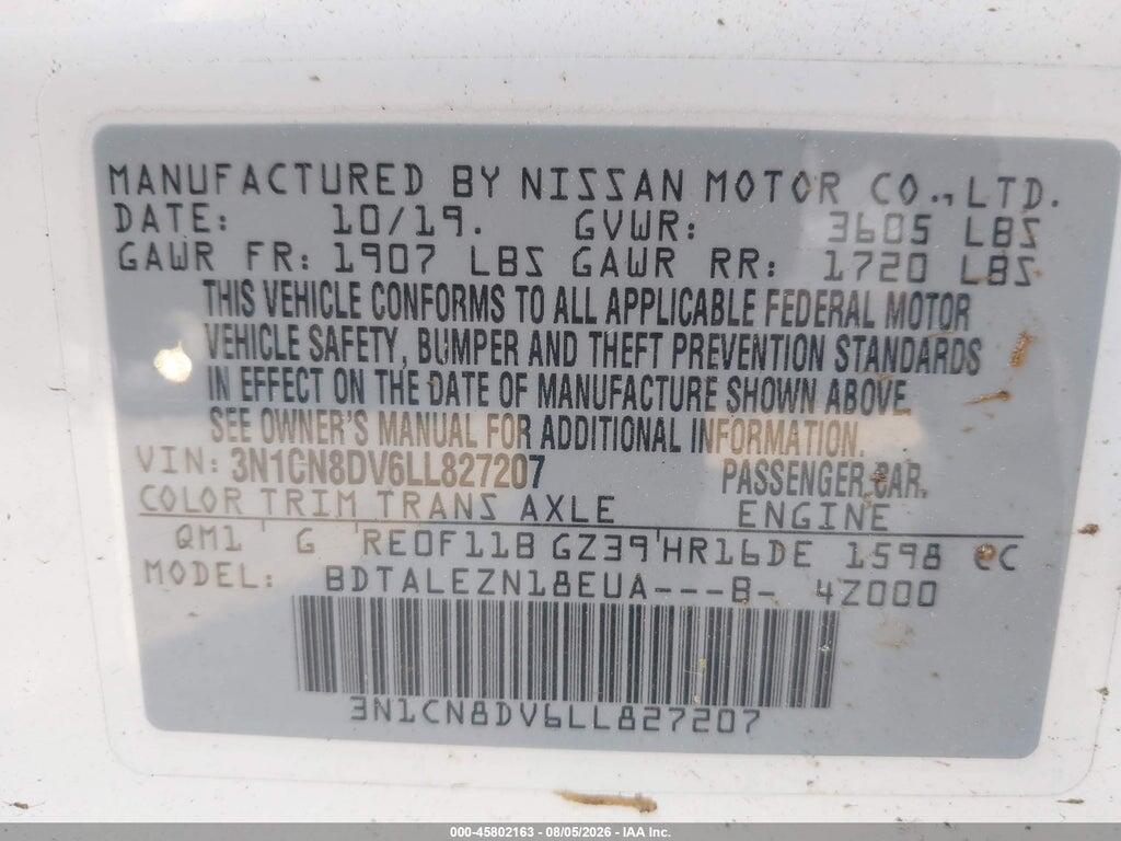 3N1CN8DV6LL827207 2020 NISSAN VERSA photo no. 9