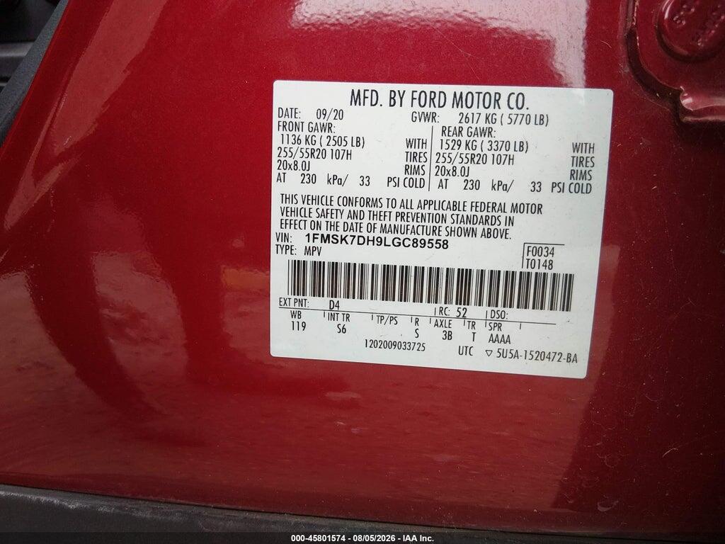 1FMSK7DH9LGC89558 2020 FORD EXPLORER photo no. 9