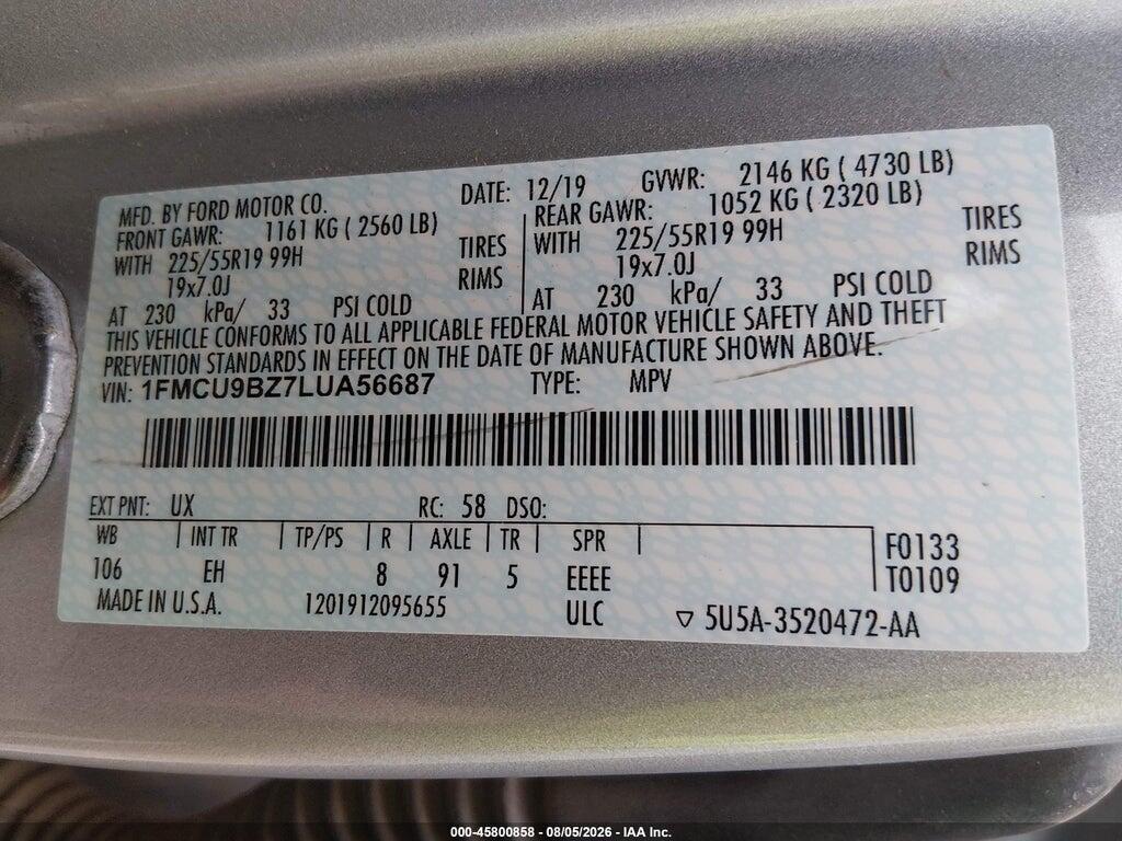 1FMCU9BZ7LUA56687 2020 FORD ESCAPE photo no. 9