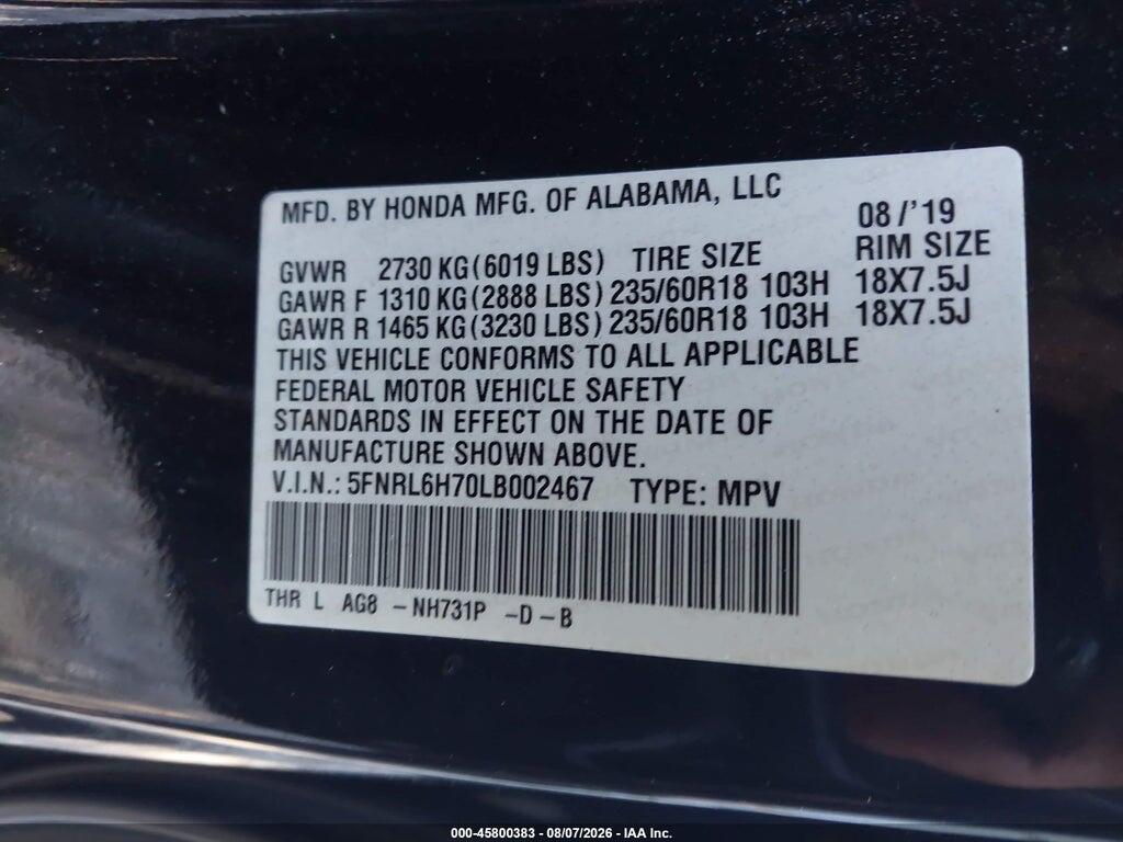 5FNRL6H70LB002467 2020 HONDA ODYSSEY photo no. 9