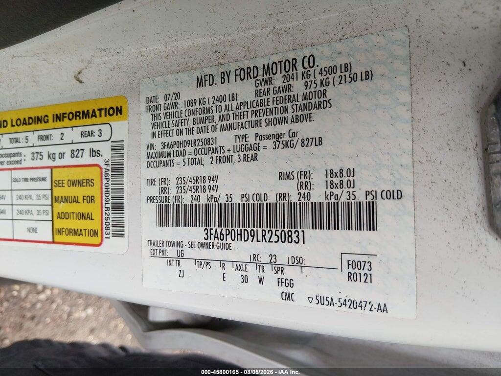 3FA6P0HD9LR250831 2020 FORD FUSION photo no. 9