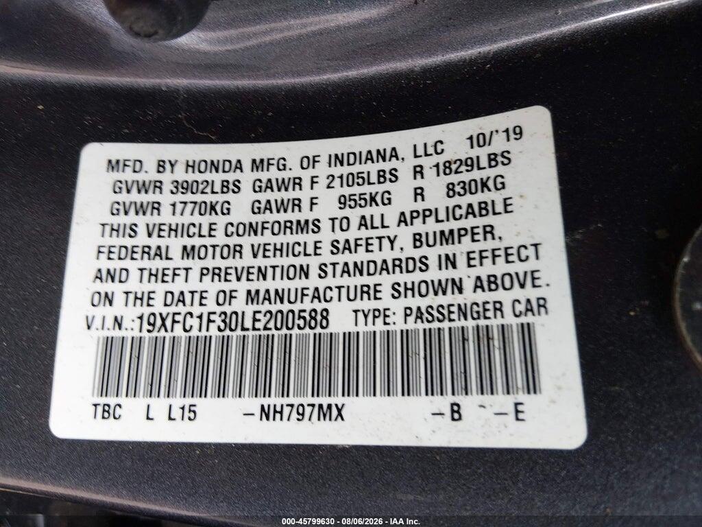 19XFC1F30LE200588 2020 HONDA CIVIC photo no. 9