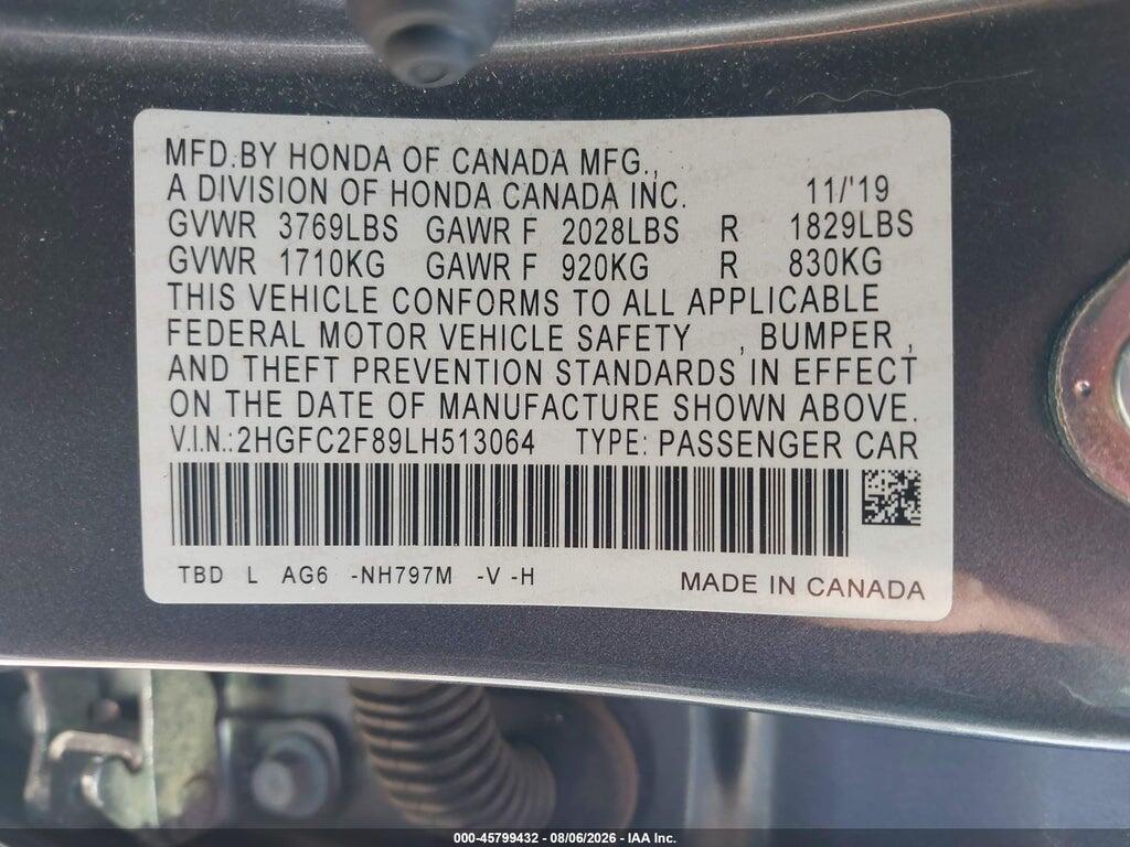 2HGFC2F89LH513064 2020 HONDA CIVIC photo no. 9