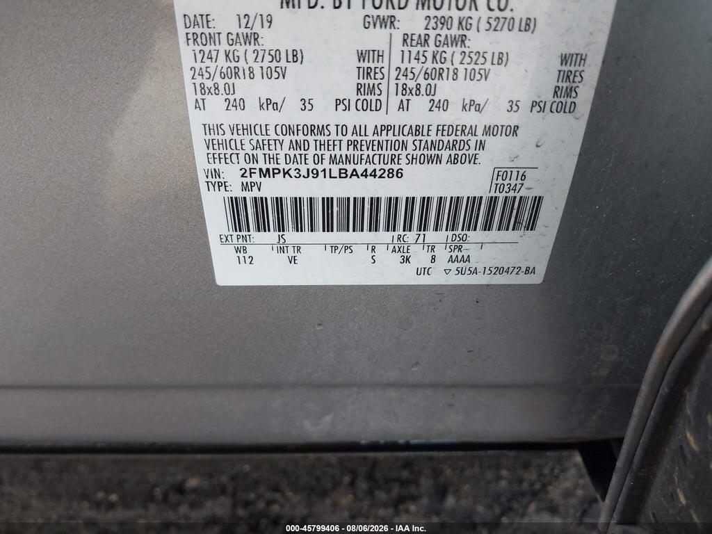 2FMPK3J91LBA44286 2020 FORD EDGE photo no. 9