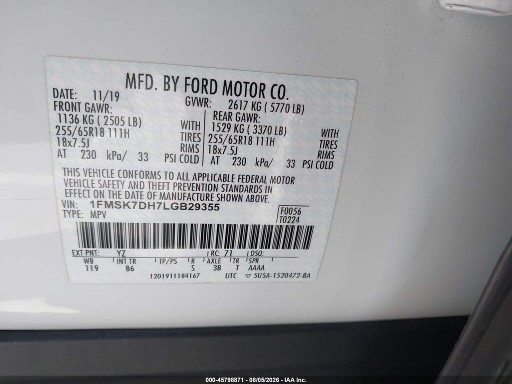 1FMSK7DH7LGB29355 2020 FORD EXPLORER photo no. 9