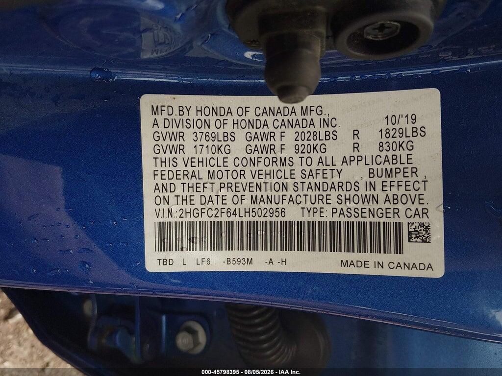 2HGFC2F64LH502956 2020 HONDA CIVIC photo no. 9