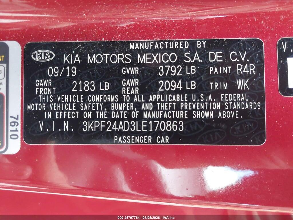 3KPF24AD3LE170863 2020 KIA FORTE photo no. 9