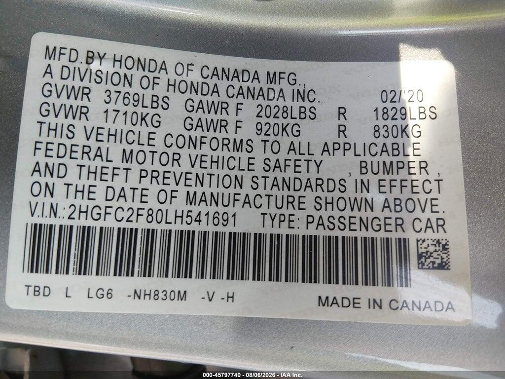 2HGFC2F80LH541691 2020 HONDA CIVIC photo no. 9