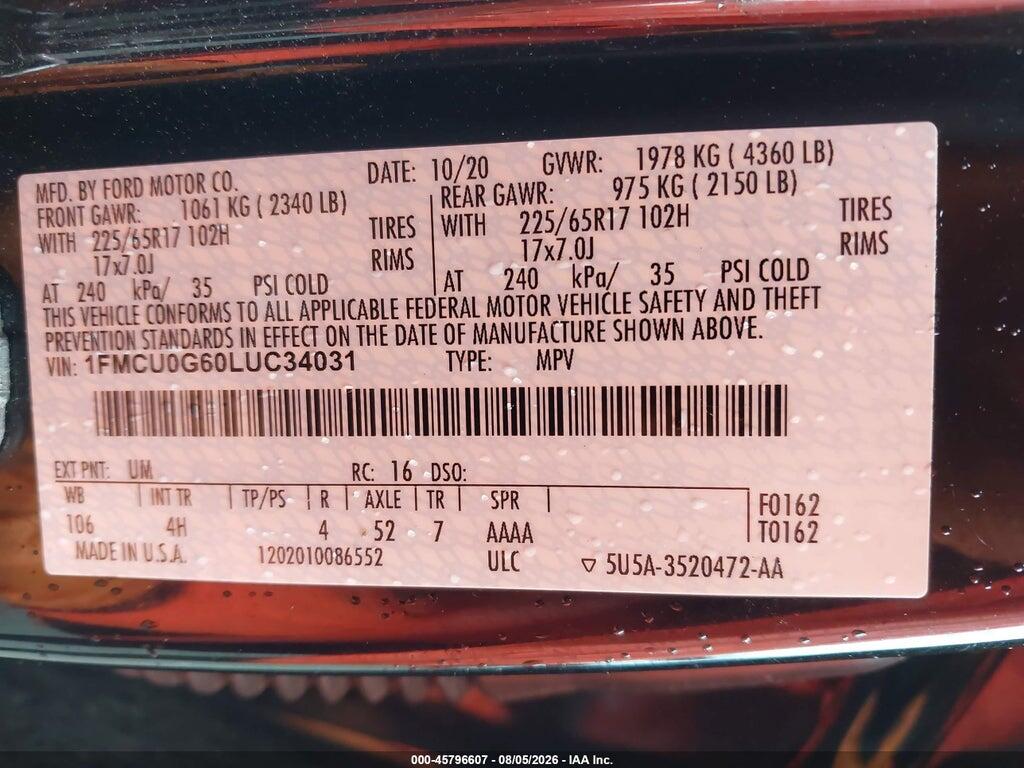 1FMCU0G60LUC34031 2020 FORD ESCAPE photo no. 9