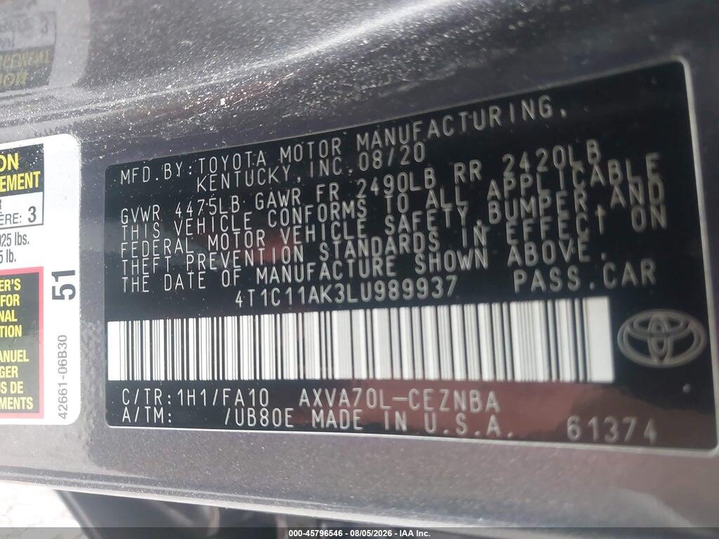 4T1C11AK3LU989937 2020 TOYOTA CAMRY photo no. 9