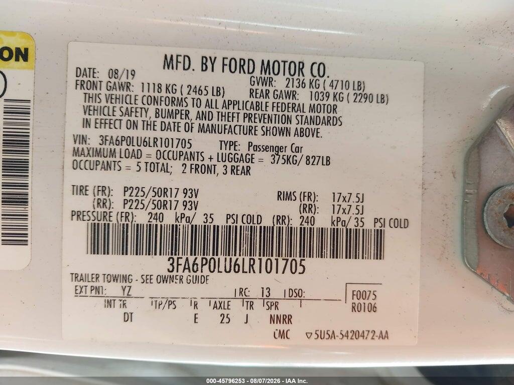 3FA6P0LU6LR101705 2020 FORD FUSION photo no. 9