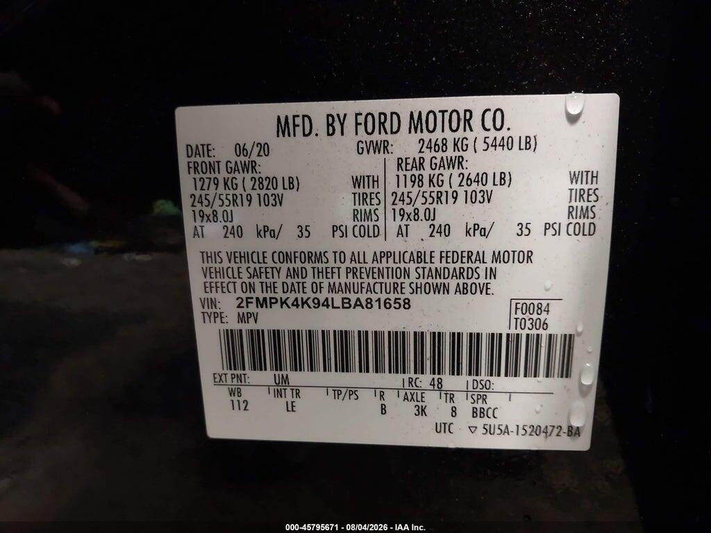2FMPK4K94LBA81658 2020 FORD EDGE photo no. 9