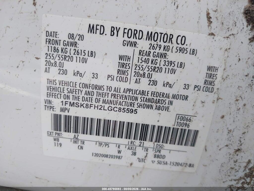 1FMSK8FH2LGC85595 2020 FORD EXPLORER photo no. 9